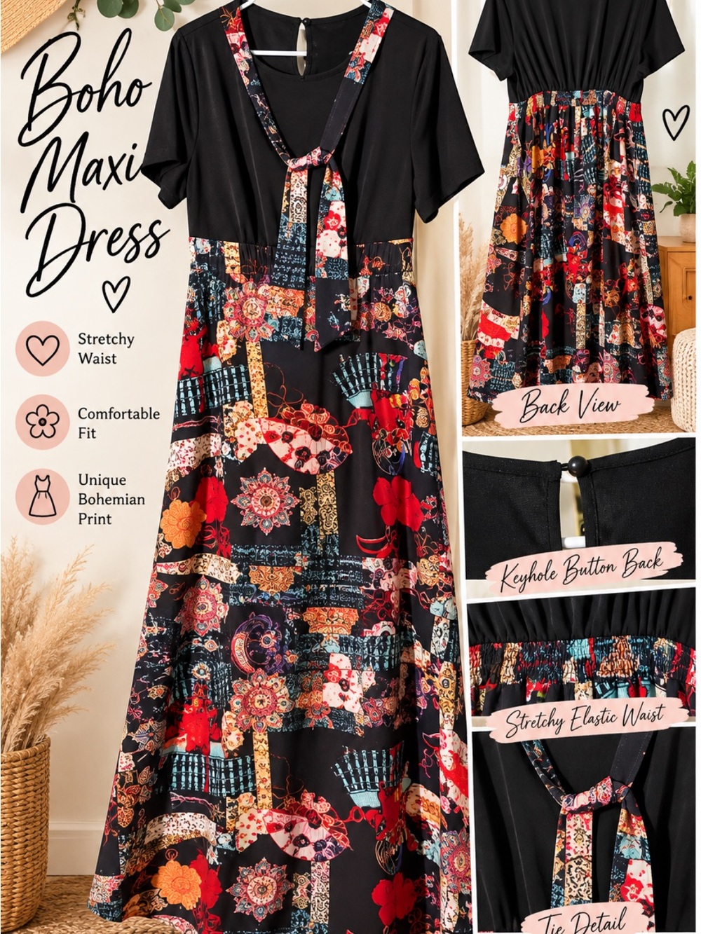 Boho Patchwork Floral Maxi Dress - Black
